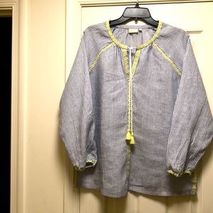 Spartina 449 Linen tunic.  Blue and white stripe with yellow embroidered trim.